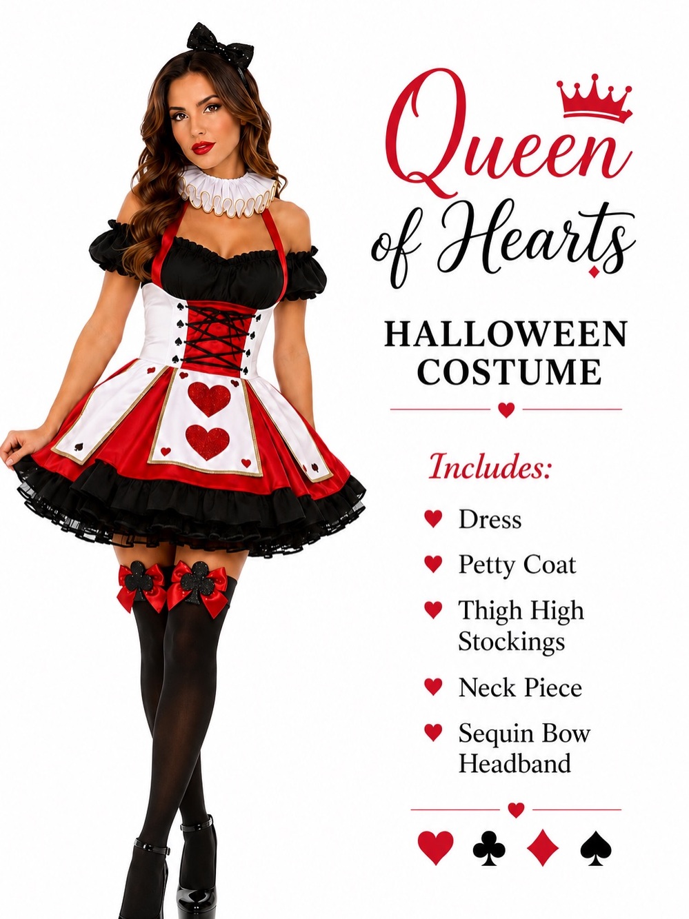 ❤️ Leg Avenue Queen of Hearts Halloween Costume XL Deluxe 5-Piece Set
